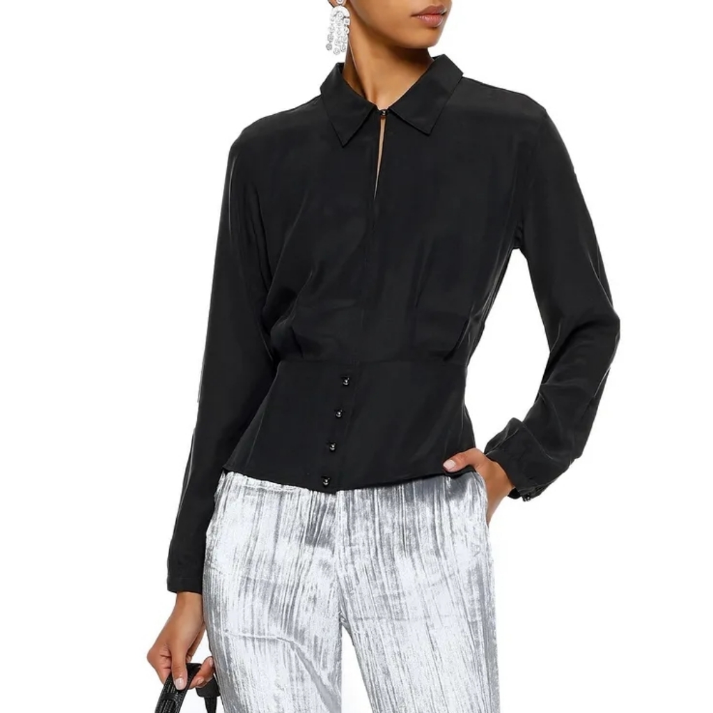 J Brand Black Lindsay Washed Silk Peplum Blouse M